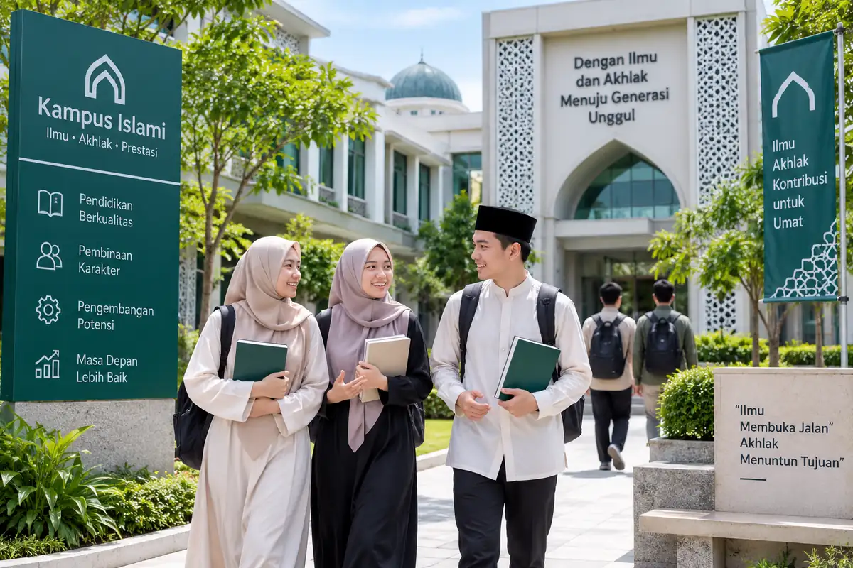 mahasiswa berdiskusi bersama di lingkungan kampus islami dengan suasana akademik yang nyaman