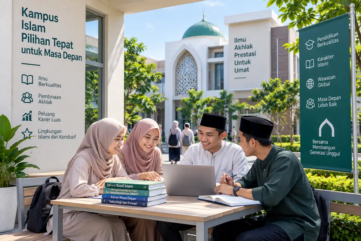 mahasiswa belajar dan berdiskusi bersama di lingkungan kampus Islam modern