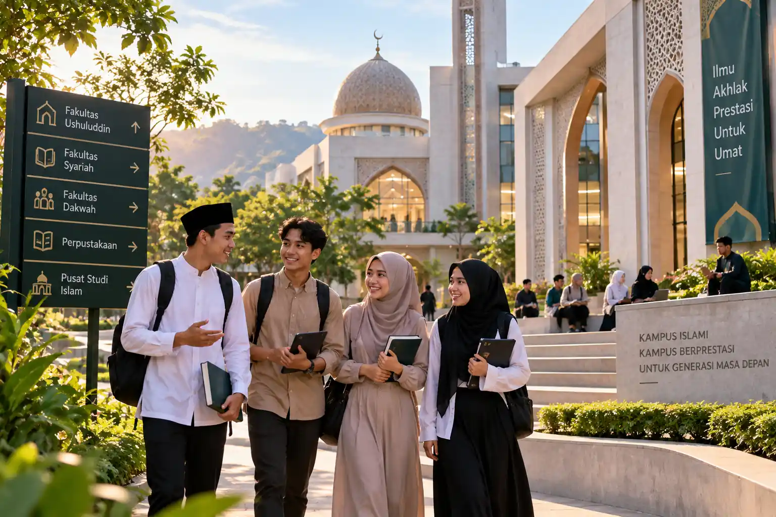 mahasiswa berada di lingkungan kampus agama dengan suasana akademik