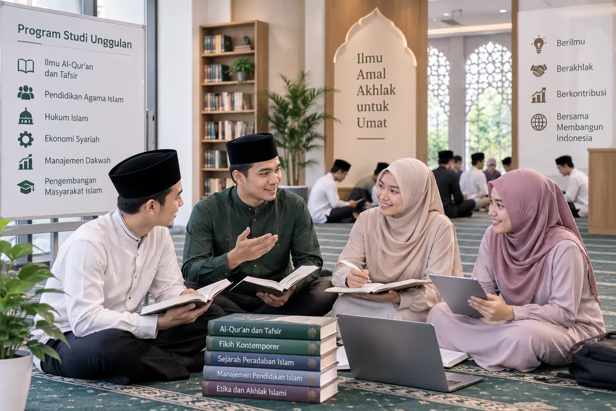 mahasiswa kuliah agama islam belajar bersama di lingkungan kampus