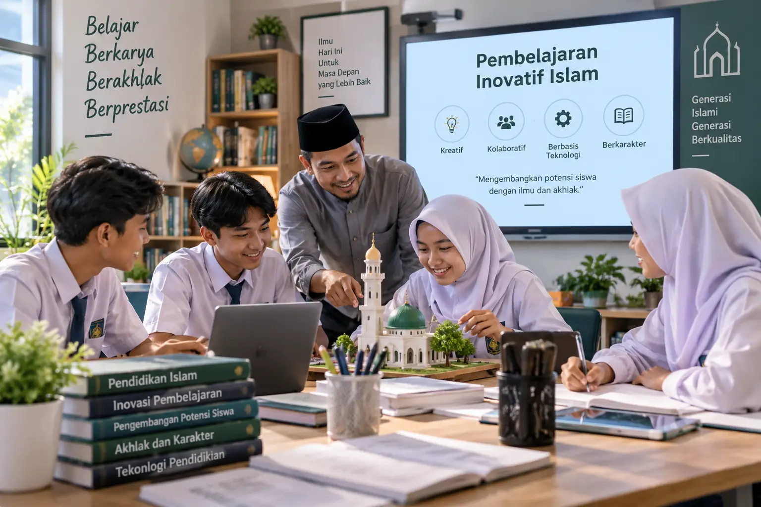 siswa mengerjakan proyek kreatif bersama guru dalam pembelajaran Islam berbasis teknologi