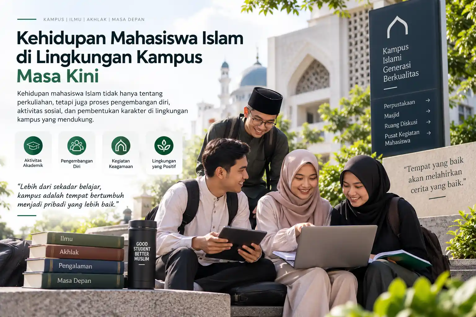 mahasiswa Islam menjalani kegiatan akademik dan sosial di lingkungan kampus modern